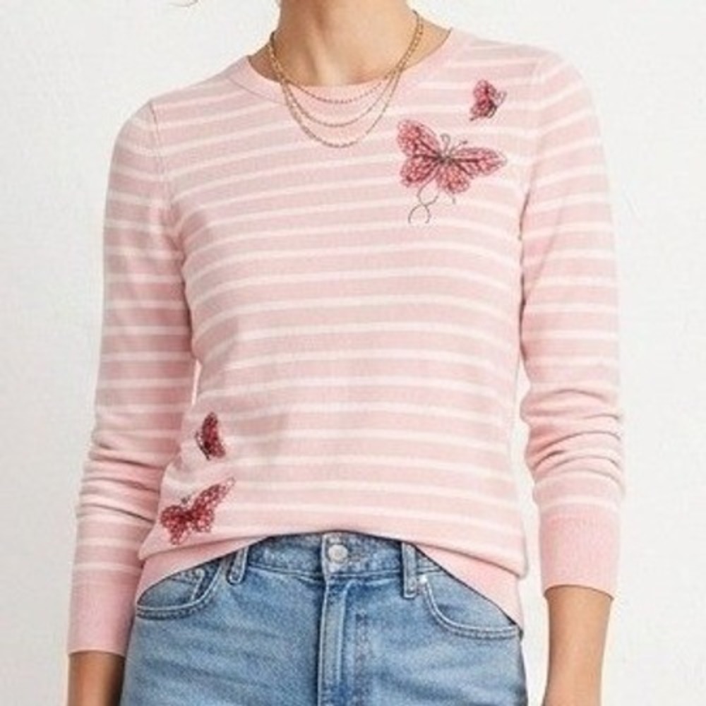 Talbots Butterfly Stripe Sweater Women Medium Pink White Embroidered Long Sleeve